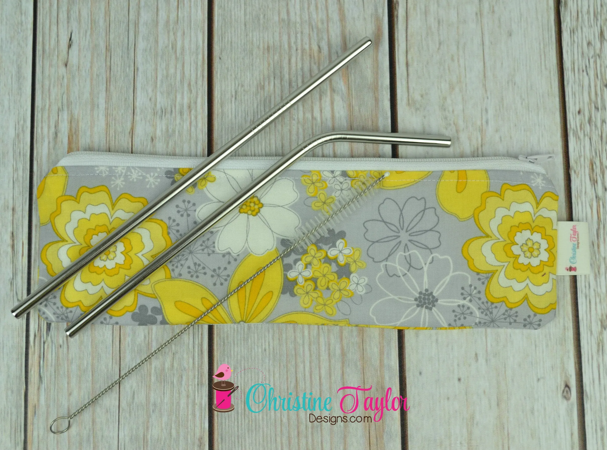 Ready Made Straw Pouch - Yellow/Grey Floral