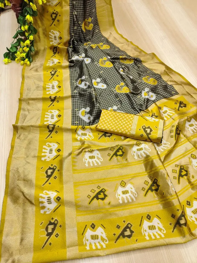 Resplendent Black and Yellow Soft Silk Saree With Fragrant Blouse Piece