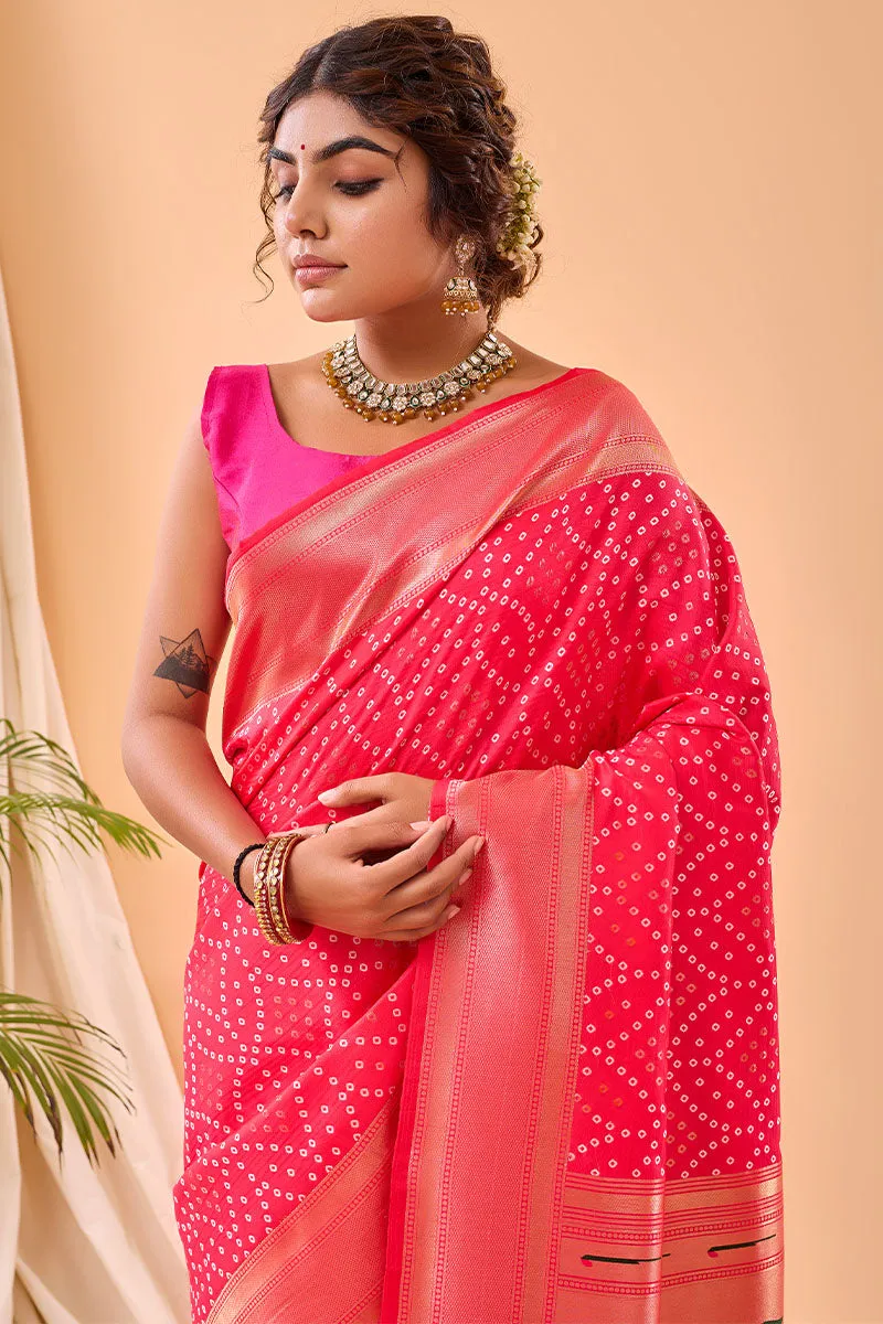 Resplendent Dark Pink Paithani Silk Saree With Innovative Blouse Piece