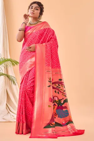 Resplendent Dark Pink Paithani Silk Saree With Innovative Blouse Piece