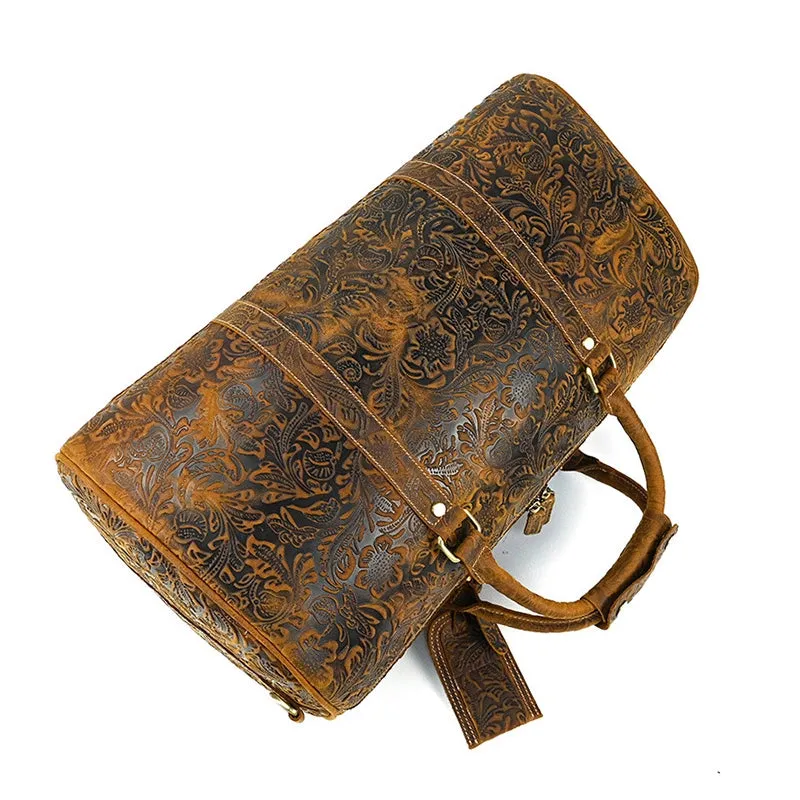 Retro Floral Leather Duffle Bag