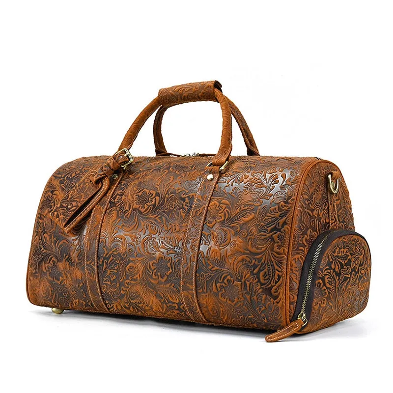 Retro Floral Leather Duffle Bag