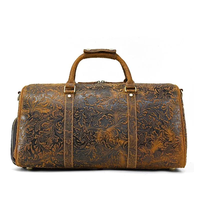 Retro Floral Leather Duffle Bag