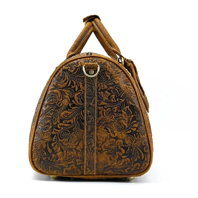 Retro Floral Leather Duffle Bag