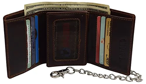 RFID Blocking Men's Classic Biker Chain Trifold Crazy Horse Leather Wallet