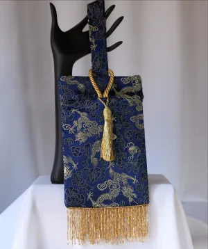 Royal Blue and Gold Chinese Brocade Evening Bag with Beaded Fringe