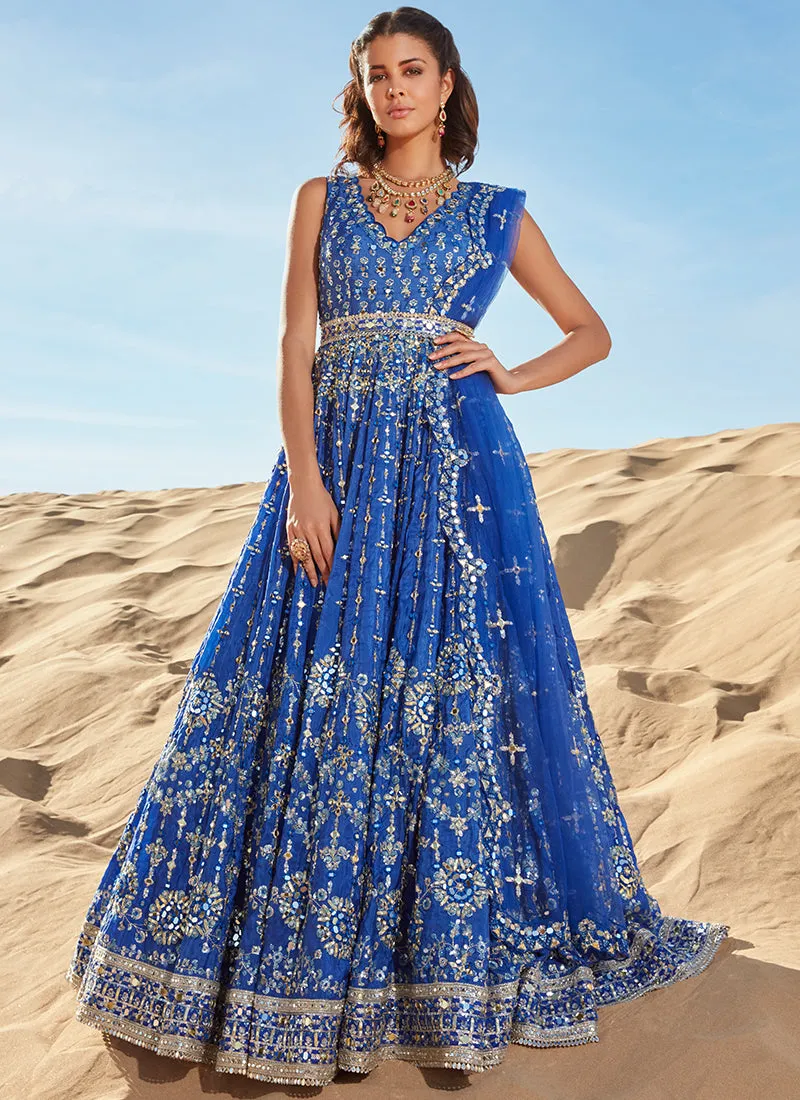 Royal Blue Mirror Embroidered Organza Anarkali