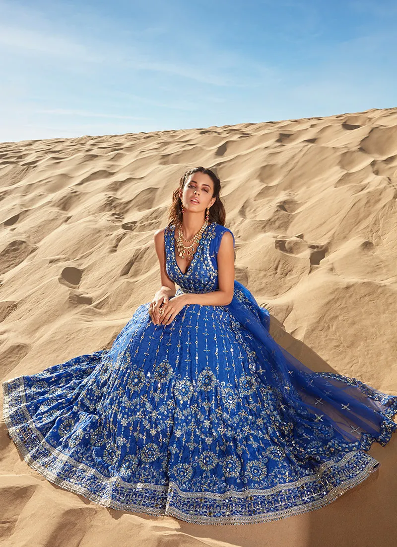 Royal Blue Mirror Embroidered Organza Anarkali