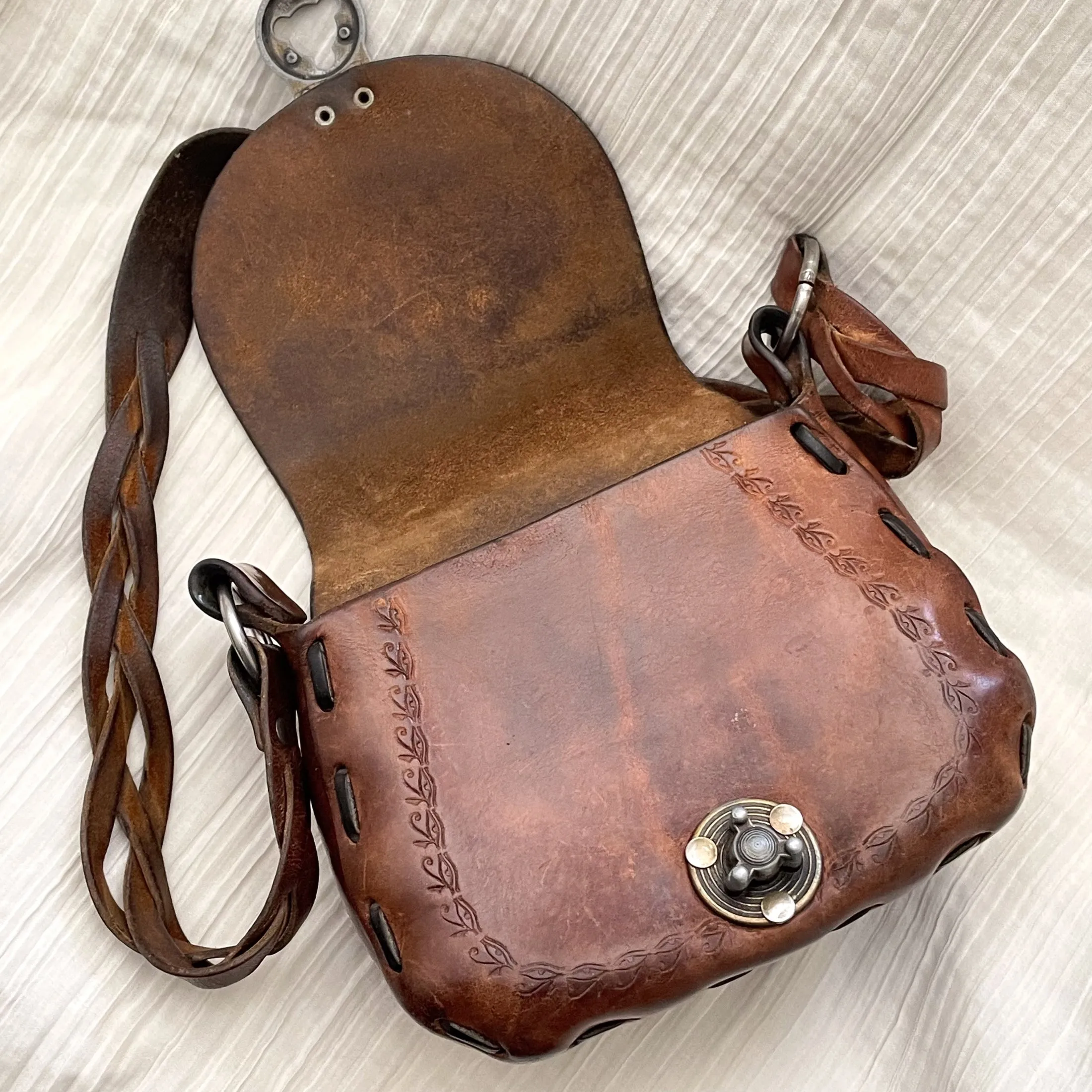 SOLD Vintage Tooled/Stamped Leather Hippie Shoulder Bag