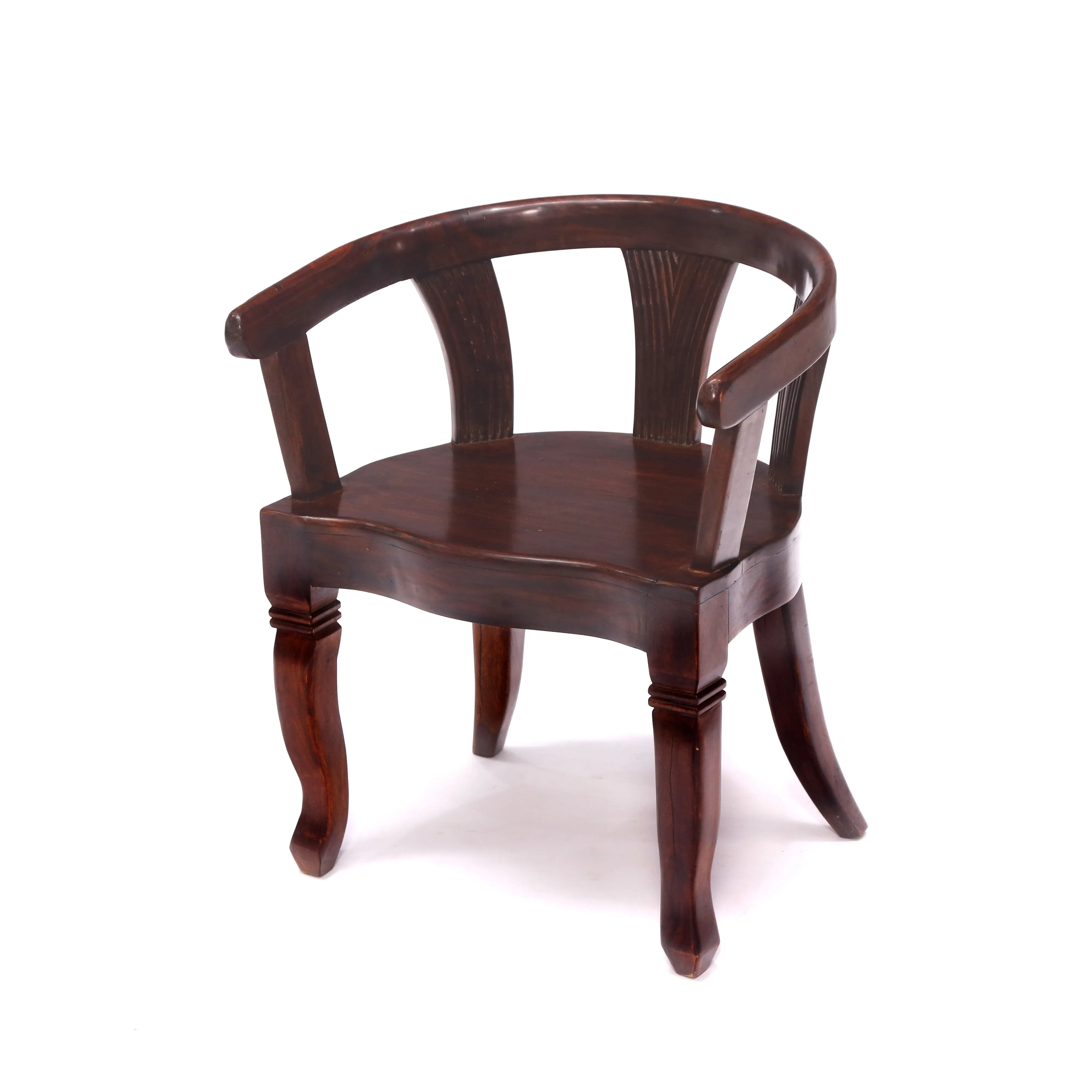 Solid Teak Dark Tone Rounded Arms Wooden Chair