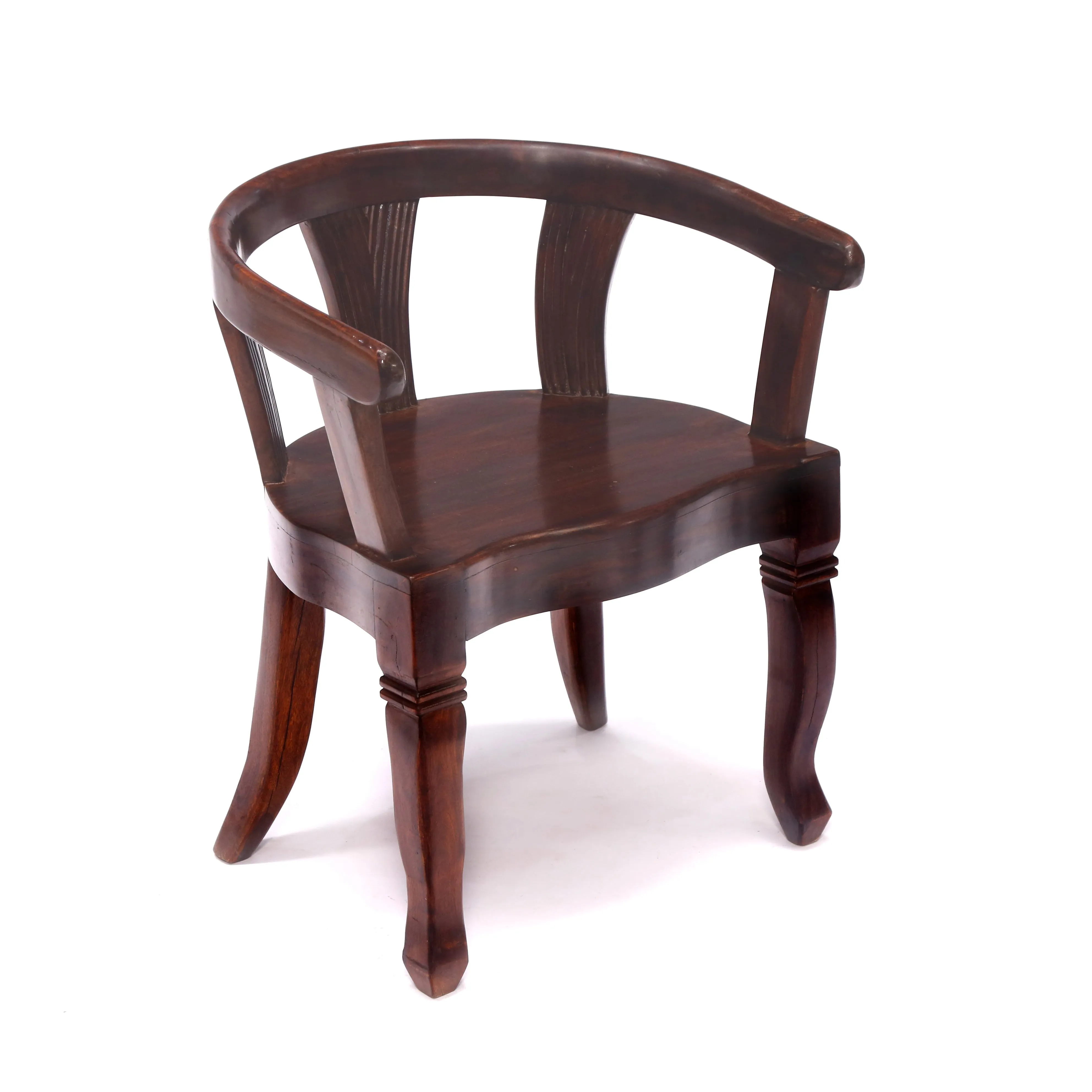 Solid Teak Dark Tone Rounded Arms Wooden Chair