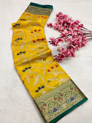 Splendiferous Yellow Orgeanza Silk Saree With Captivating Blouse Piece