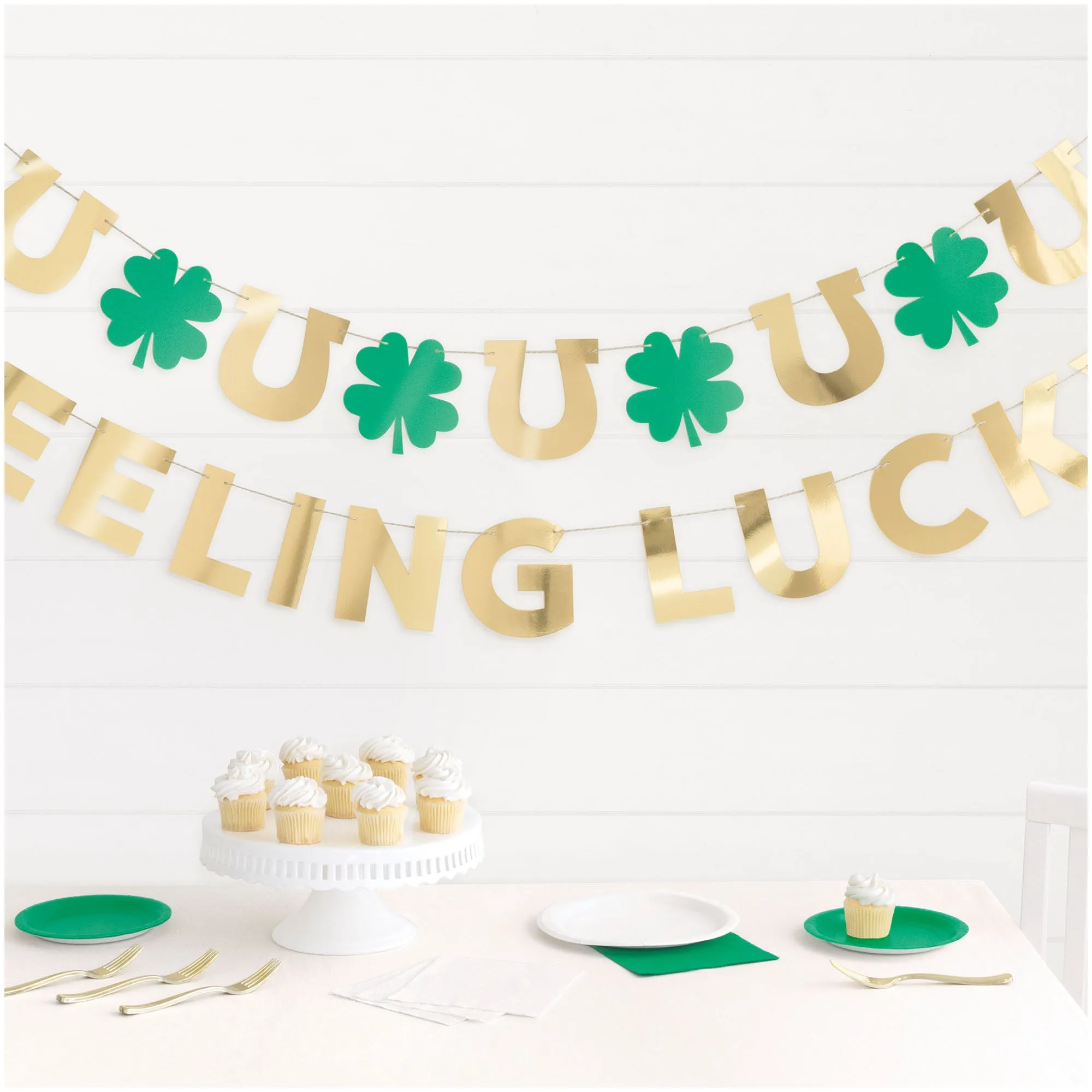 St. Patrick's Day Shamrock "Feeling Lucky" Green & Gold 2pc Foil Garland Decoration Set