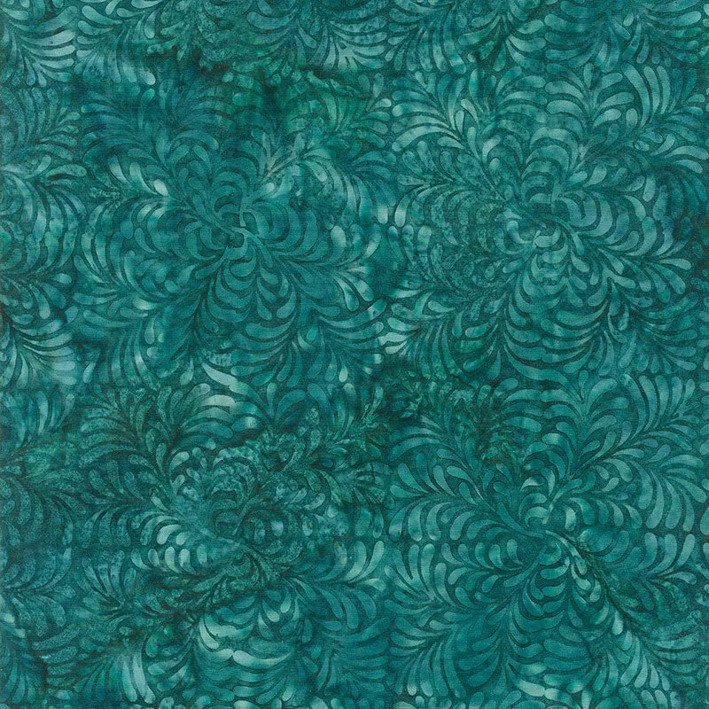 Sunset Plumes Batiks - Four Squared Leaves Dark Teal Yardage