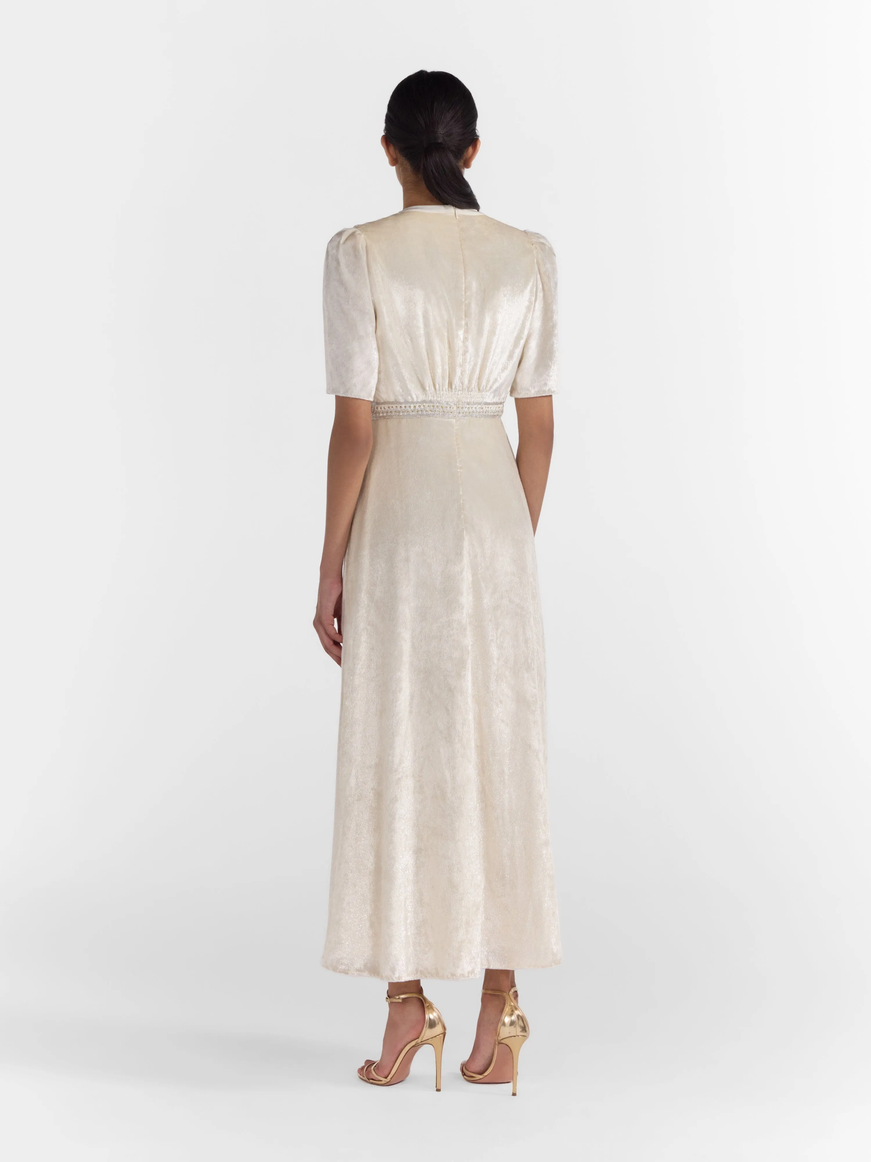 Tabitha Dress in Tusk Silver Vines Embroidery