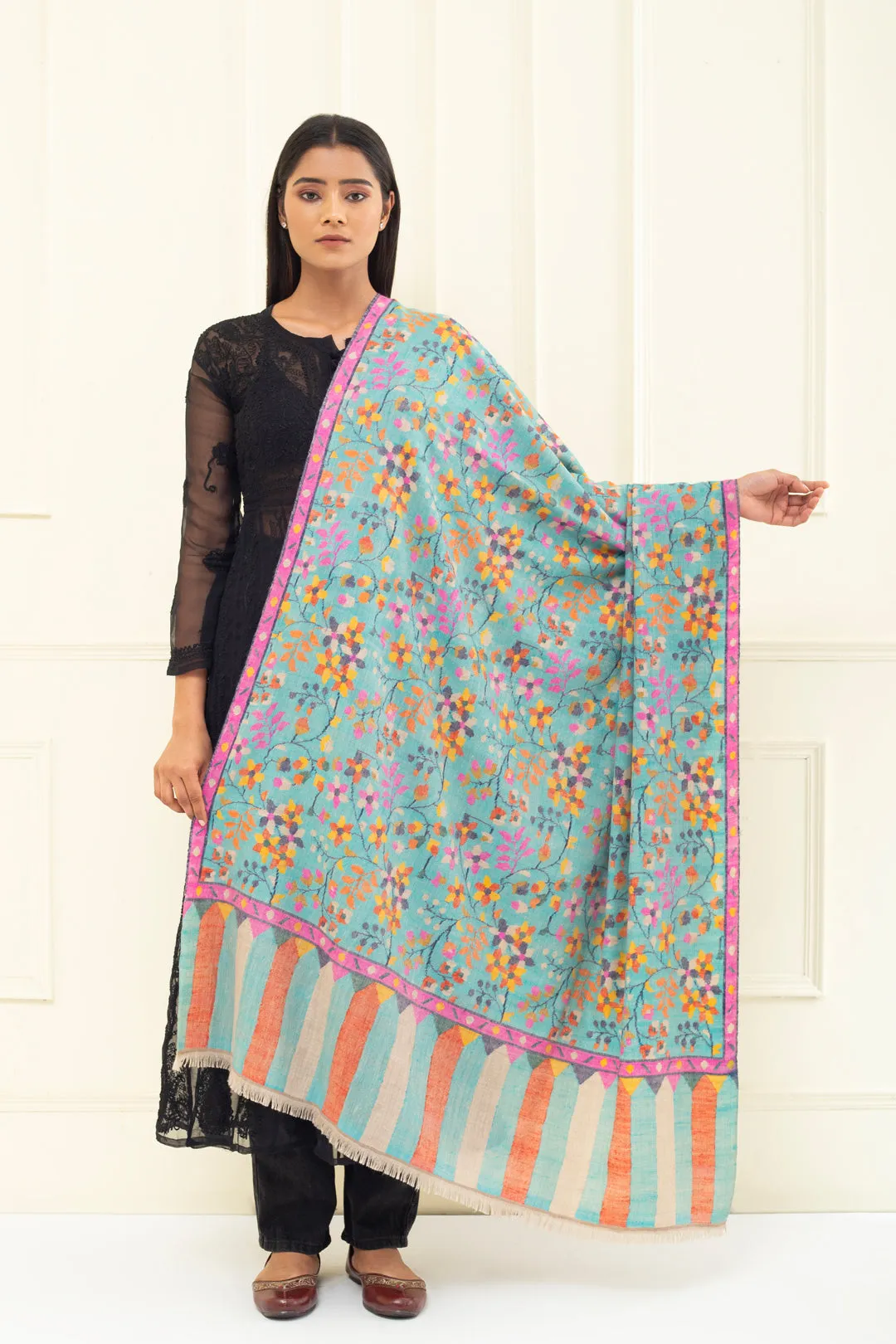 Talib-e-Misri Artic Blue Floral Kani Jamavar Pashmina Shawl