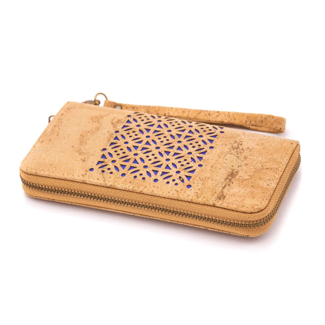 Tan Cork Navy Lasered Women's Zipper Clutch Wallet