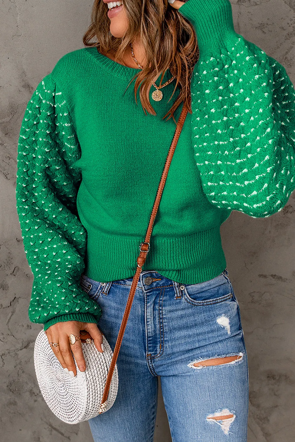 Textured Bubble Sleeve Knit Sweater