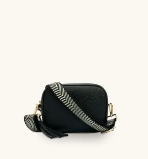 The Tassel Black Leather Crossbody Bag With Black & Gold Chevron Strap