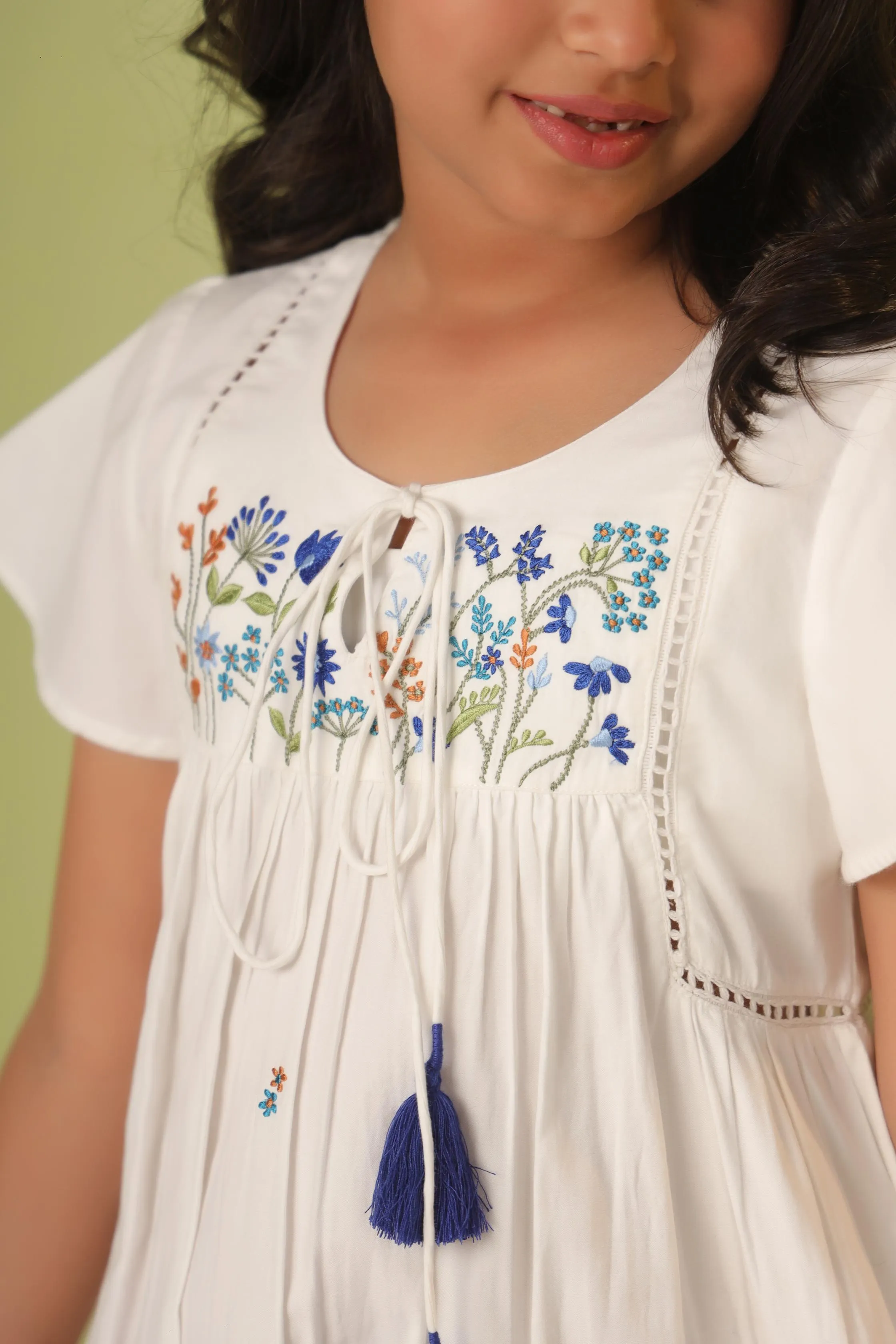 White Embroidery & Tassel Detail Dress