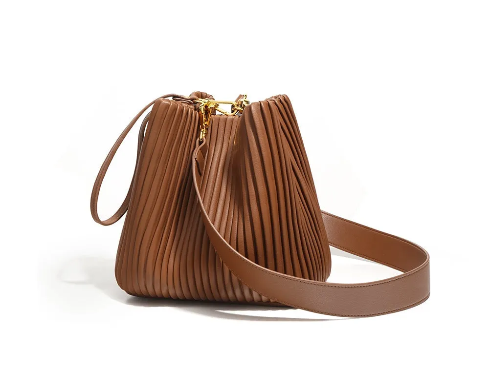 Womens Large Leather Pleated Bucket Shoulder Cross Body Handbag