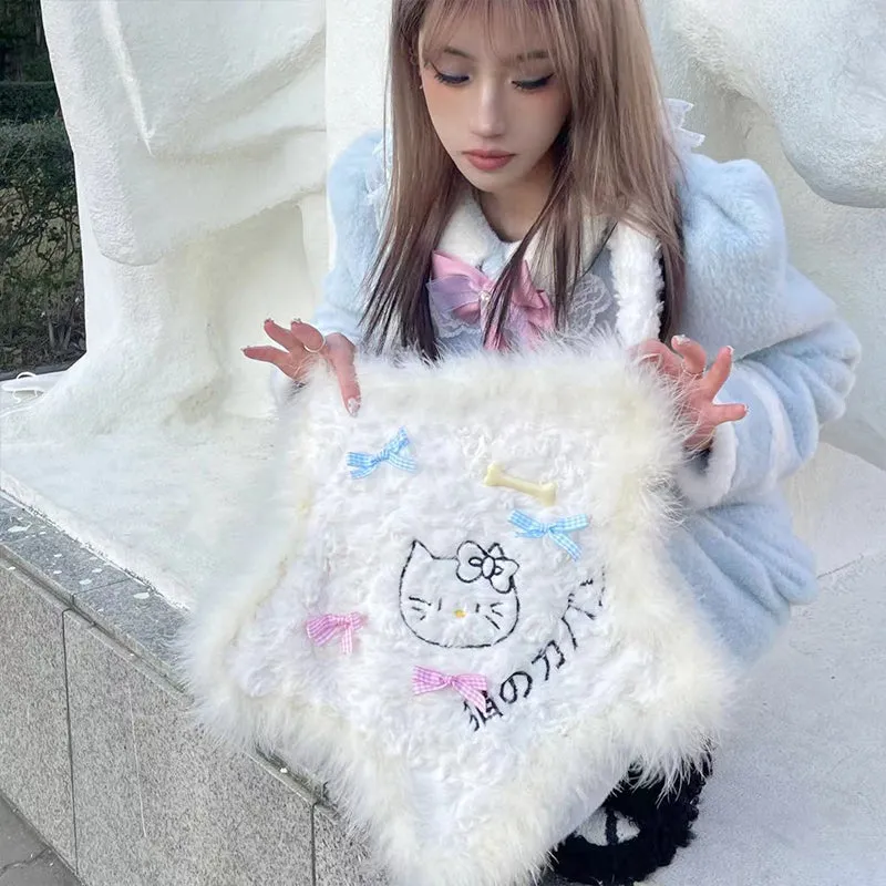 Y2k White Star Bow Kitty Fur Fluff Plush Handmade 3D Messenger Bag